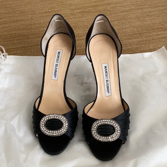 Manolo Blahnik Sedaraby Rhinestone Buckle D'Orsay In black satin Size 37.5 - Picture 1 of 5